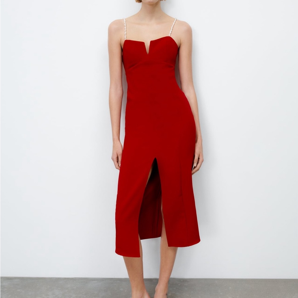 Beautiful red ZARA dress with PEARLS. Perfect for VALENTINES